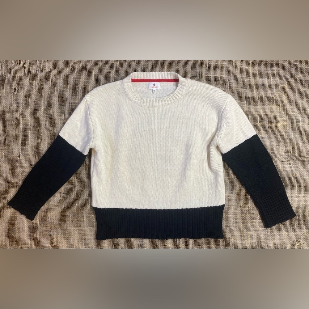 Sundry Cream and Black Colorblock Sweater, Size 2, 55% Wool Anthropologie